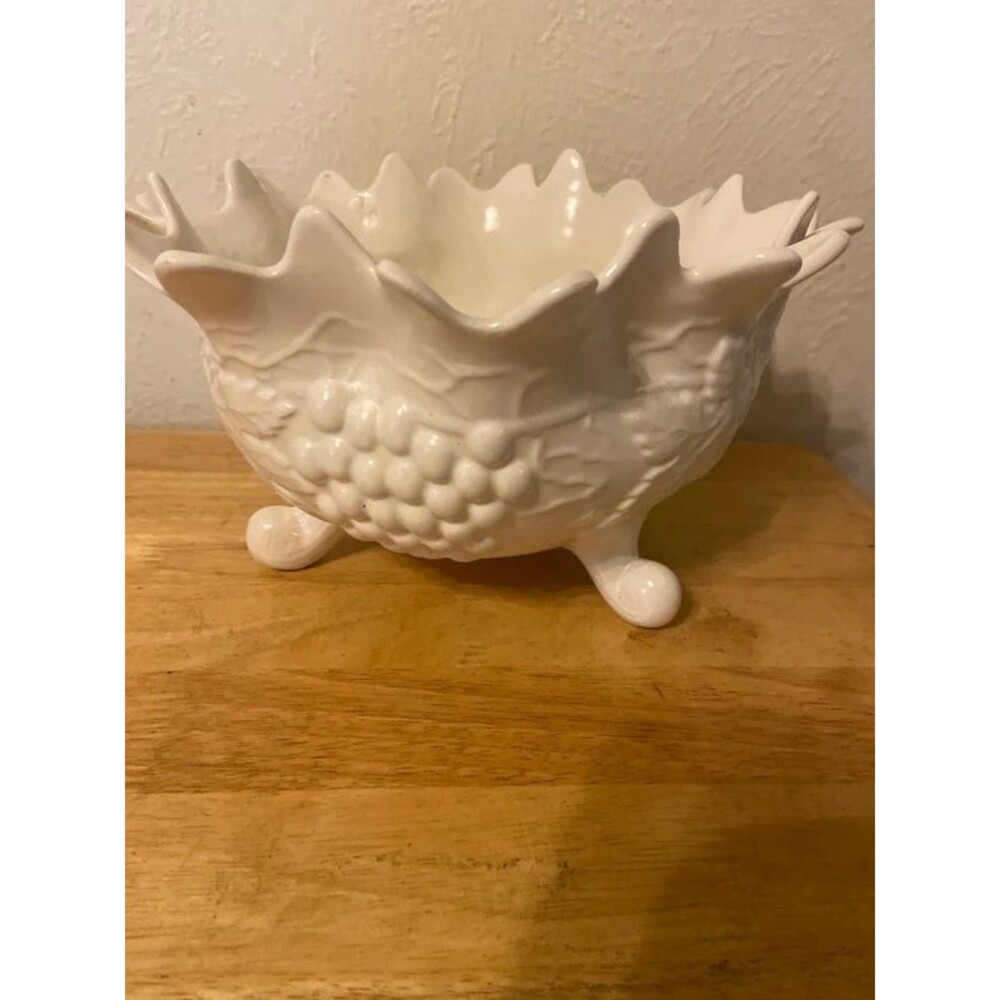 Vintage White Ceramic Footed Grape Bowl – 9" Scalloped Centerpiece Compote